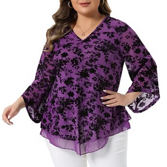 Plus Size Women's Dressy Blouse V Neck Mesh Casual Flowy Work Shirts 3/4 Flared Sleeve Tunic Tops