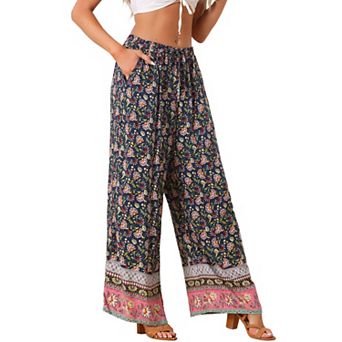 Boho Floral Pants for Women's Beach Elastic Waist Palazzo Wide Leg Trouser with Pockets