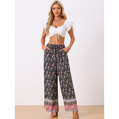 Boho Floral Pants for Women's Beach Elastic Waist Palazzo Wide Leg Trouser with Pockets