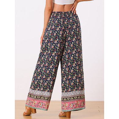 Boho Floral Pants for Women's Beach Elastic Waist Palazzo Wide Leg Trouser with Pockets