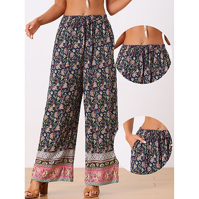 Boho Floral Pants for Women's Beach Elastic Waist Palazzo Wide Leg Trouser with Pockets