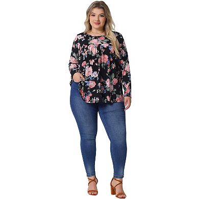 Plus Size Tops for Women Long Sleeve Tunic Pleated Crew Neck Dressy Casual Fall Blouses