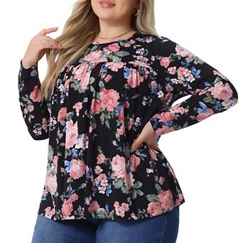 Plus Size Tops for Women Long Sleeve Tunic Pleated Crew Neck Dressy Casual Fall Blouses