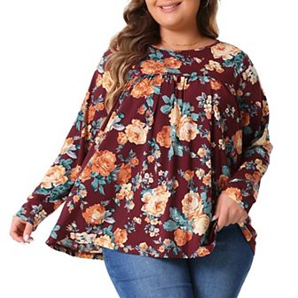 Plus Size Tops for Women Long Sleeve Tunic Pleated Crew Neck Dressy Casual Fall Blouses