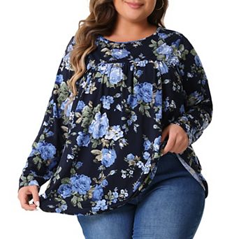 Plus Size Tops for Women Long Sleeve Tunic Pleated Crew Neck Dressy Casual Fall Blouses