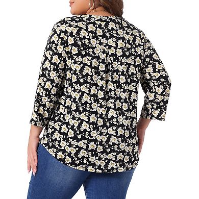 Plus Size Tops for Women 3/4 Sleeve Zip Up Floral Print V Neck Casual Pullover Blouses Tops