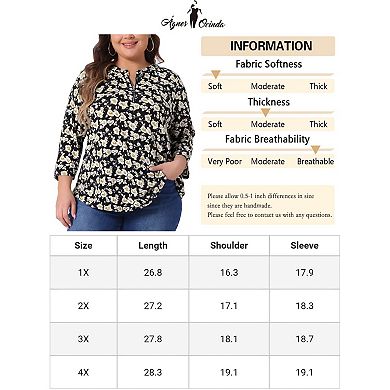 Plus Size Tops for Women 3/4 Sleeve Zip Up Floral Print V Neck Casual Pullover Blouses Tops
