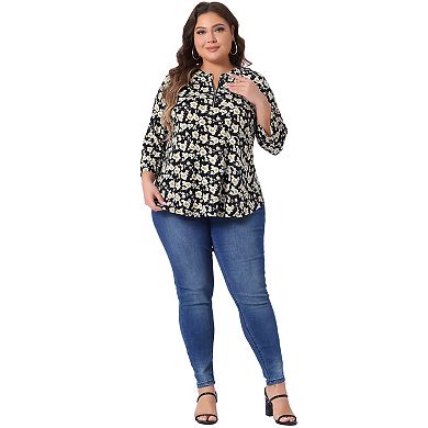 Plus Size Tops for Women 3/4 Sleeve Zip Up Floral Print V Neck Casual Pullover Blouses Tops