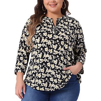 Plus Size Tops for Women 3/4 Sleeve Zip Up Floral Print V Neck Casual Pullover Blouses Tops