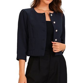 Work Office Blazer for Women's Collarless 3/4 Sleeve Lightweight Pockets Button Down Suit Blazer