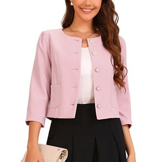 Work Office Blazer for Women's Collarless 3/4 Sleeve Lightweight Pockets Button Down Suit Blazer