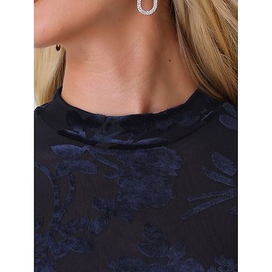 See Through Mesh Top for Women's Mock Neck Velvet Floral Print Tee Shirts