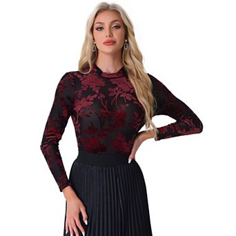 See Through Mesh Top for Women's Mock Neck Velvet Floral Print Tee Shirts