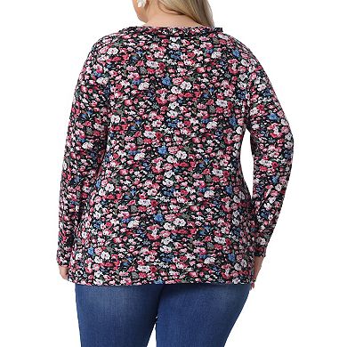 Plus Size Floral Tops for Women V Neck Long Sleeve T Shirt Ruffle Tunic Blouses Top