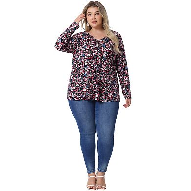 Plus Size Floral Tops for Women V Neck Long Sleeve T Shirt Ruffle Tunic Blouses Top