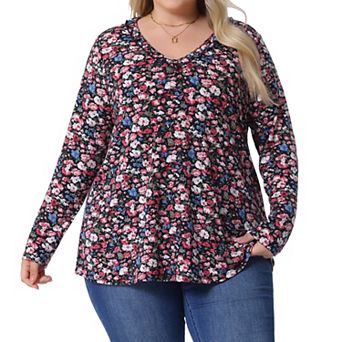 Plus Size Floral Tops for Women V Neck Long Sleeve T Shirt Ruffle Tunic Blouses Top