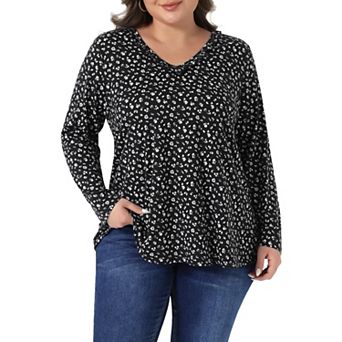 Plus Size Floral Tops for Women V Neck Long Sleeve T Shirt Ruffle Tunic Blouses Top
