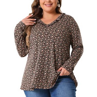 Plus Size Floral Tops for Women V Neck Long Sleeve T Shirt Ruffle Tunic Blouses Top