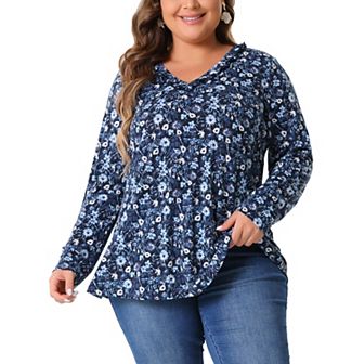 Plus Size Floral Tops for Women V Neck Long Sleeve T Shirt Ruffle Tunic Blouses Top