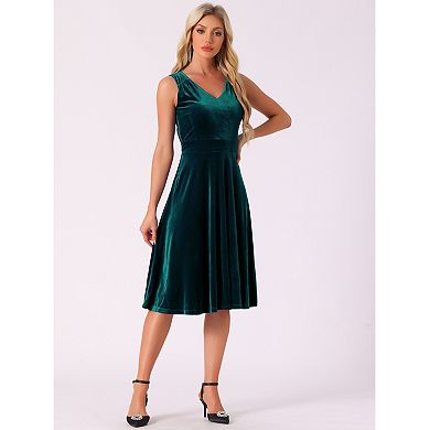Sleeveless Velvet Dress for Women's Elegant V Neck a Line Flowy Cocktail Party Midi Dresses