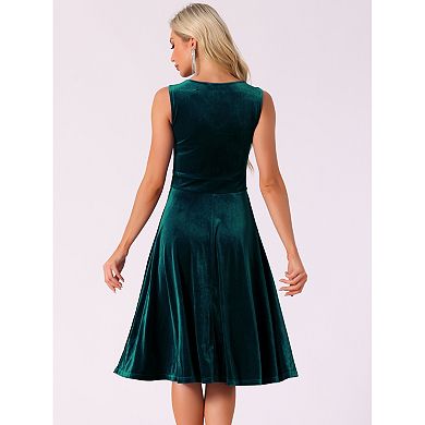 Sleeveless Velvet Dress for Women's Elegant V Neck a Line Flowy Cocktail Party Midi Dresses