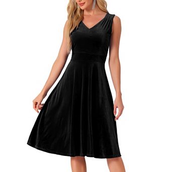 Sleeveless Velvet Dress for Women's Elegant V Neck a Line Flowy Cocktail Party Midi Dresses