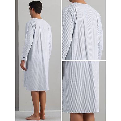 Striped Nightshirts for Men's V-Neck Button Down Nightgown Long Sleeve Stripe Sleep Shirts