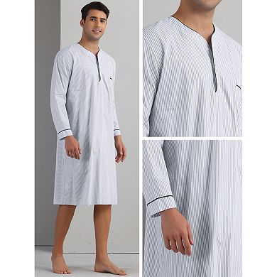 Striped Nightshirts for Men's V-Neck Button Down Nightgown Long Sleeve Stripe Sleep Shirts