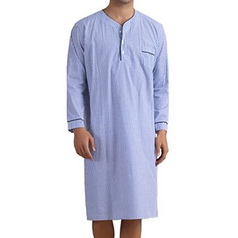 Striped Nightshirts for Men's V-Neck Button Down Nightgown Long Sleeve Stripe Sleep Shirts