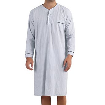 Striped Nightshirts for Men's V-Neck Button Down Nightgown Long Sleeve Stripe Sleep Shirts