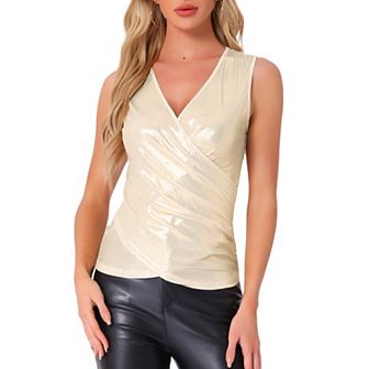 Metallic Wrap Top for Women's Party Club Sleeveless V Neck Lightweight Ruched Tank Top