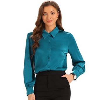 Satin Blouse for Women's Puffy Long Sleeve Work Career Top