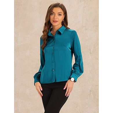 Satin Blouse for Women's Puffy Long Sleeve Work Career Top