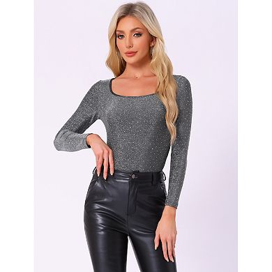 Party Bodysuits for Women's Metallic Shiny Dots Square Neck Long Sleeve Top