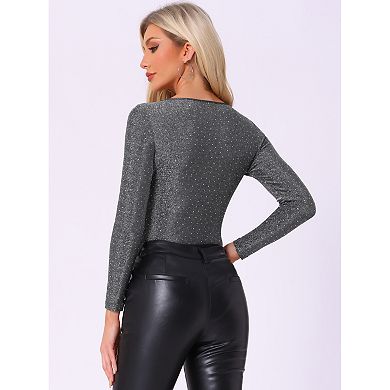Party Bodysuits for Women's Metallic Shiny Dots Square Neck Long Sleeve Top