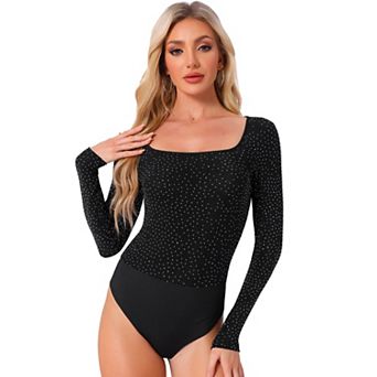 Party Bodysuits for Women's Metallic Shiny Dots Square Neck Long Sleeve Top