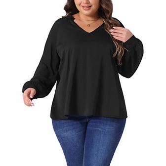 Plus Size Tops for Women Sheer Long Sleeve Shirts Casual Ruffle Notched V Neck Tee Blouses