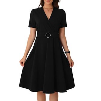 Elegant V Neck Wrap Dress for Women's Short Sleeve Dressy Dress Ruched Business A-Line Midi Dresses