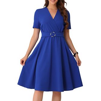 Elegant V Neck Wrap Dress for Women's Short Sleeve Dressy Dress Ruched Business A-Line Midi Dresses