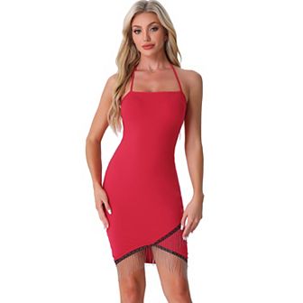 Halter Party Dress for Women's Fringe Trim Spaghetti Straps Bodycon Mini Dresses