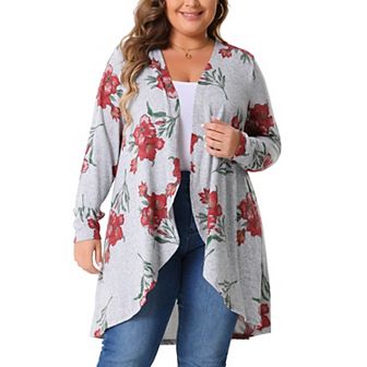 Plus Size Cardigan for Women Lightweight Long Sleeve Floral Knit High Low Hem Draped Duster