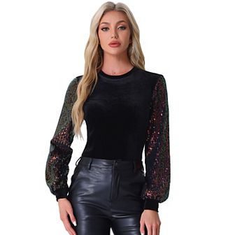 Sparkly Sequin Puffy Long Sleeve Velvet Blouse for Women's Fall Winter Clubwear Patchwork Party Top