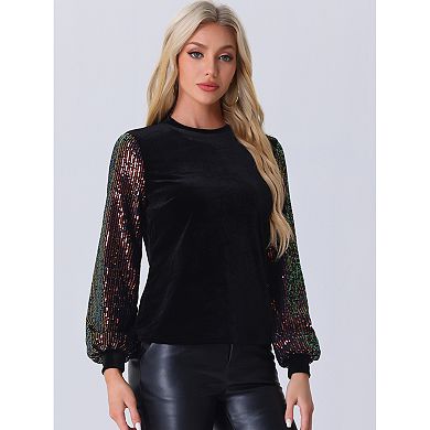 Velvet Sequin Accent Round Neck Puff Sleeve Blouse main image 1