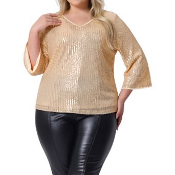 Plus Size Sequin Tops for Women 3/4 Sleeve Glitter Sparkly Blouse V-Neck Dressy Tops