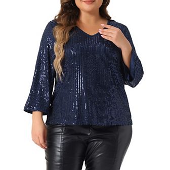 Plus Size Sequin Tops for Women 3/4 Sleeve Glitter Sparkly Blouse V-Neck Dressy Tops