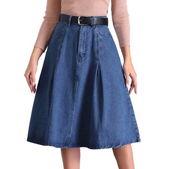 Women's Denim Pleated Skirt High Waist A-Line Pockets Classic Midi Skirt with Belt