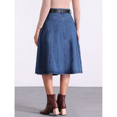 Women's Denim Pleated Skirt High Waist A-Line Pockets Classic Midi Skirt with Belt