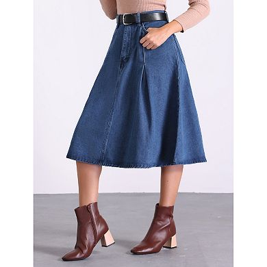 Women's Denim Pleated Skirt High Waist A-Line Pockets Classic Midi Skirt with Belt