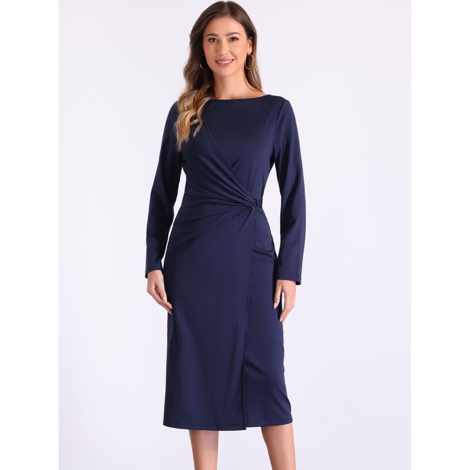 Wear to Work Sheath Dress for Women's Long Sleeve Wrap Ruched Waist Boat  Neck Church Midi