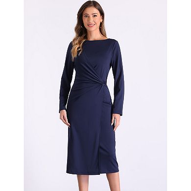 Wear to Work Sheath Dress for Women's Long Sleeve Wrap Ruched Waist Boat Neck Church Midi Dress